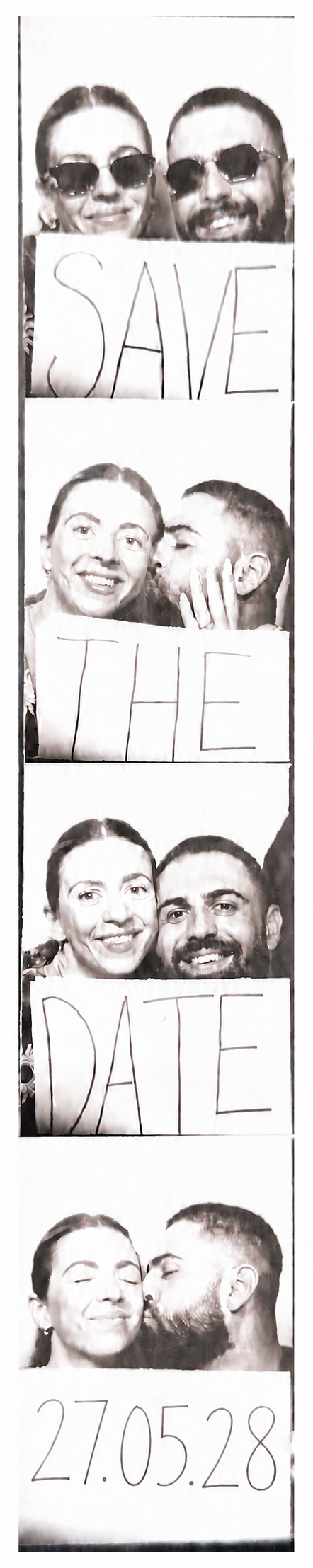 Millie and Liam in a photo booth strip holding signs reading Save, The, Date, 27.05.28